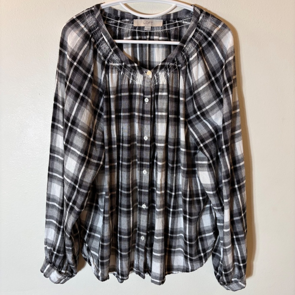LOFT Black White Plaid Linen Blend Smocked Button Front Blouse Size XL